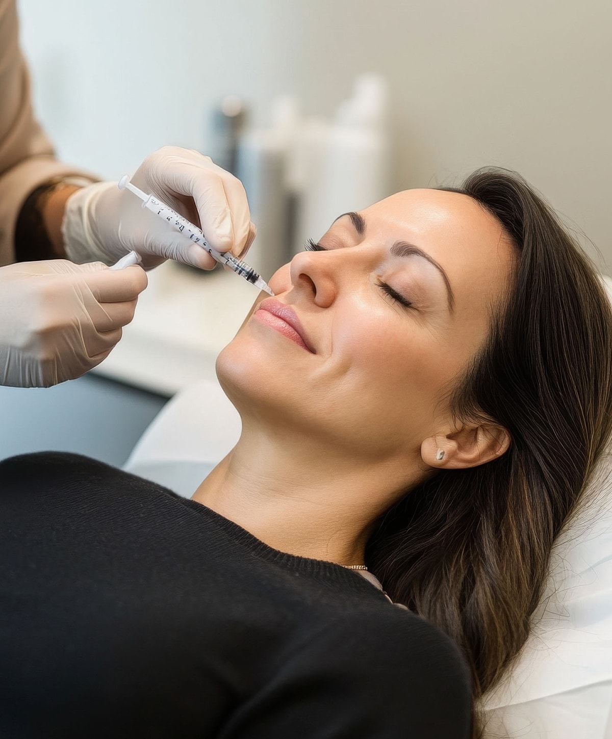 Woman receiving cosmetic lip treatment in clinic.