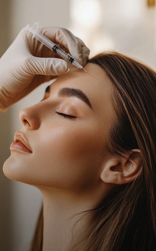 Beauty treatment using cosmetic injection on forehead.