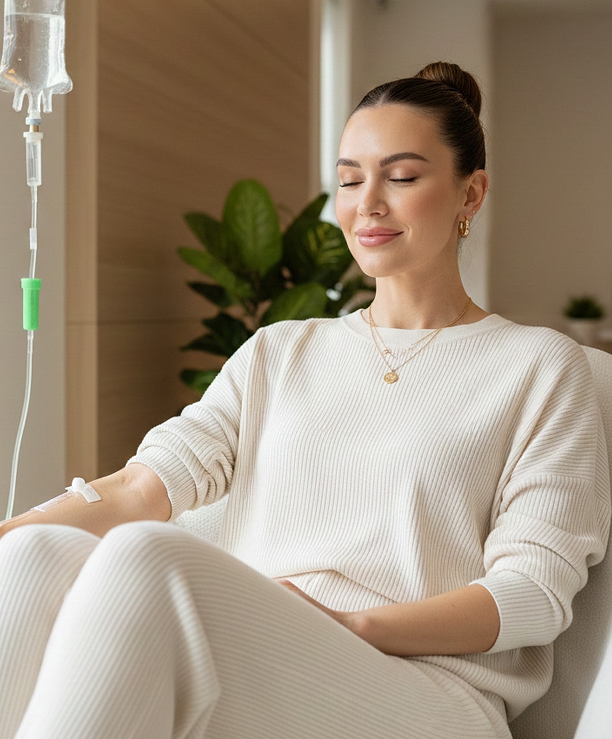 Woman relaxing with IV drip in cozy setting.