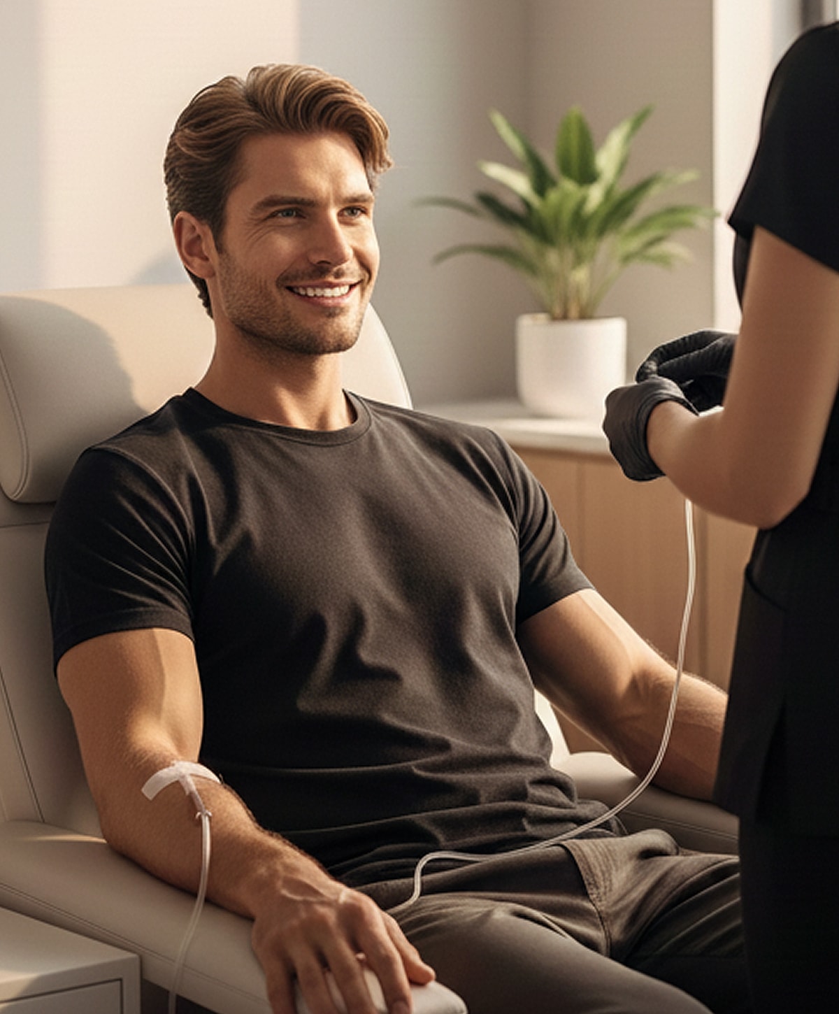 Man receiving treatment, smiling in clinic setting.