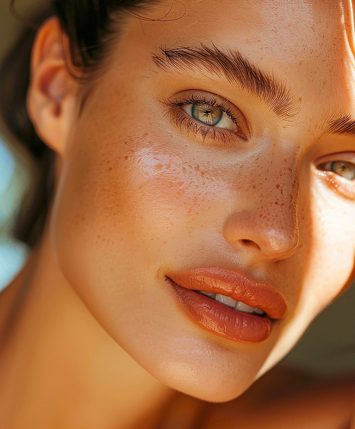Close-up of model with natural makeup and freckles.