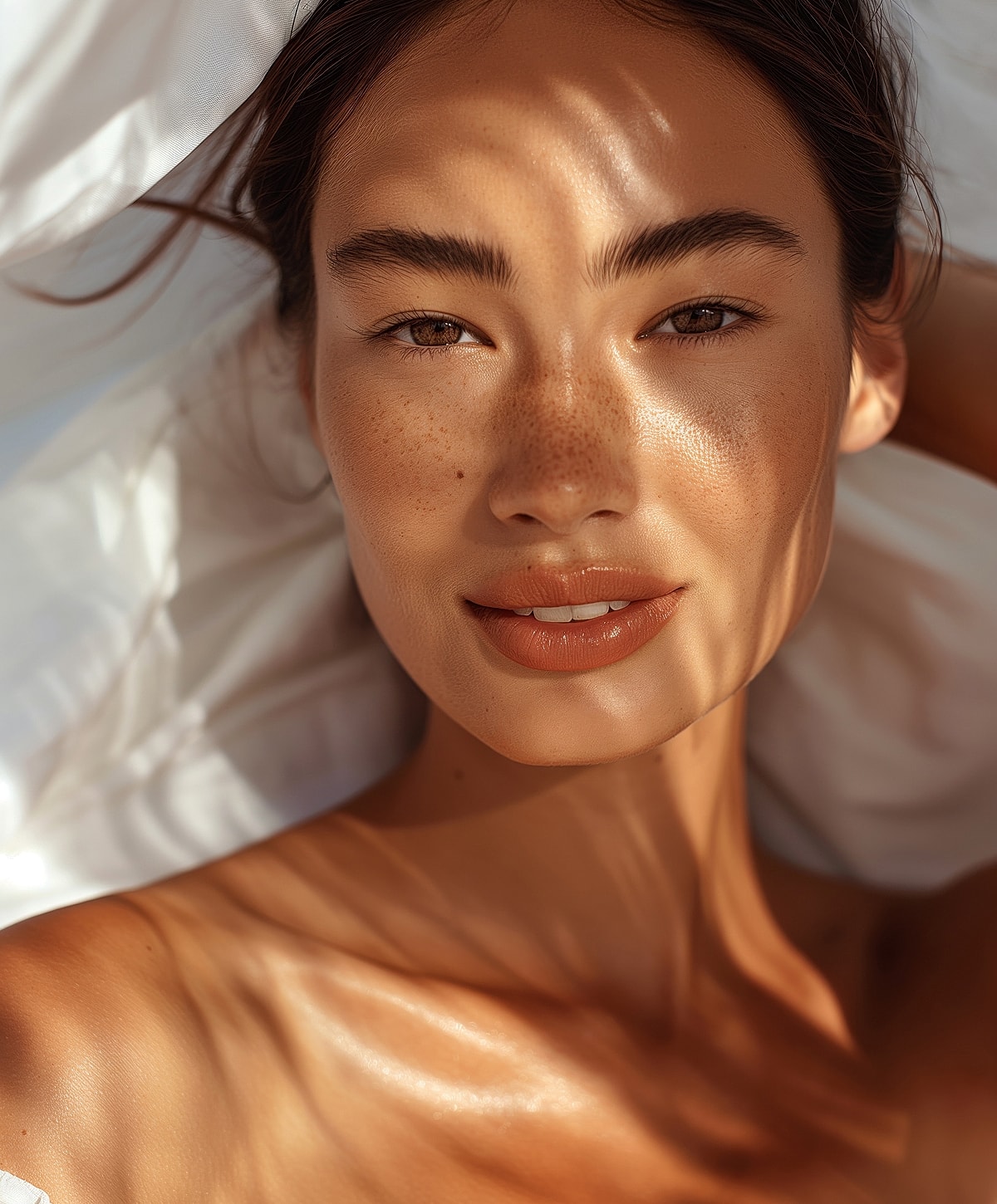 Close-up of a woman's face with shadows.