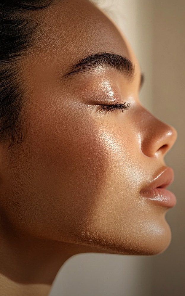 Close-up of a woman's glowing skin.