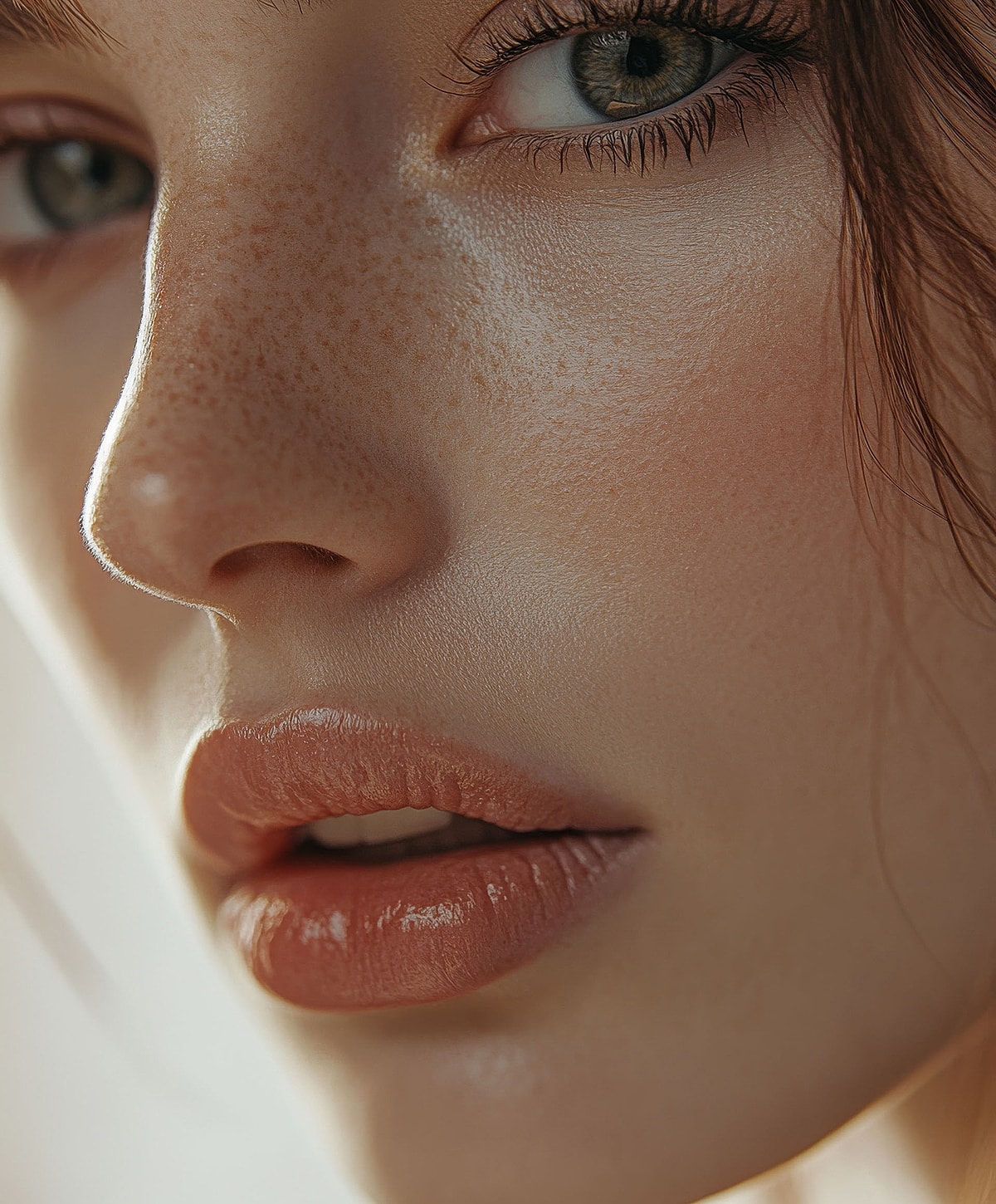 Close-up of a woman's face highlighting freckles and lips.