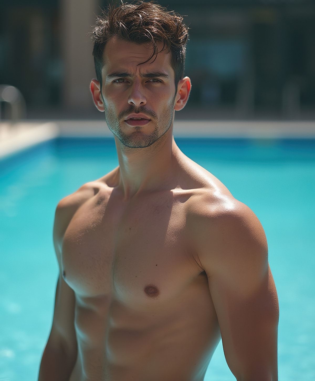 Shirtless man by the pool in sunlight.
