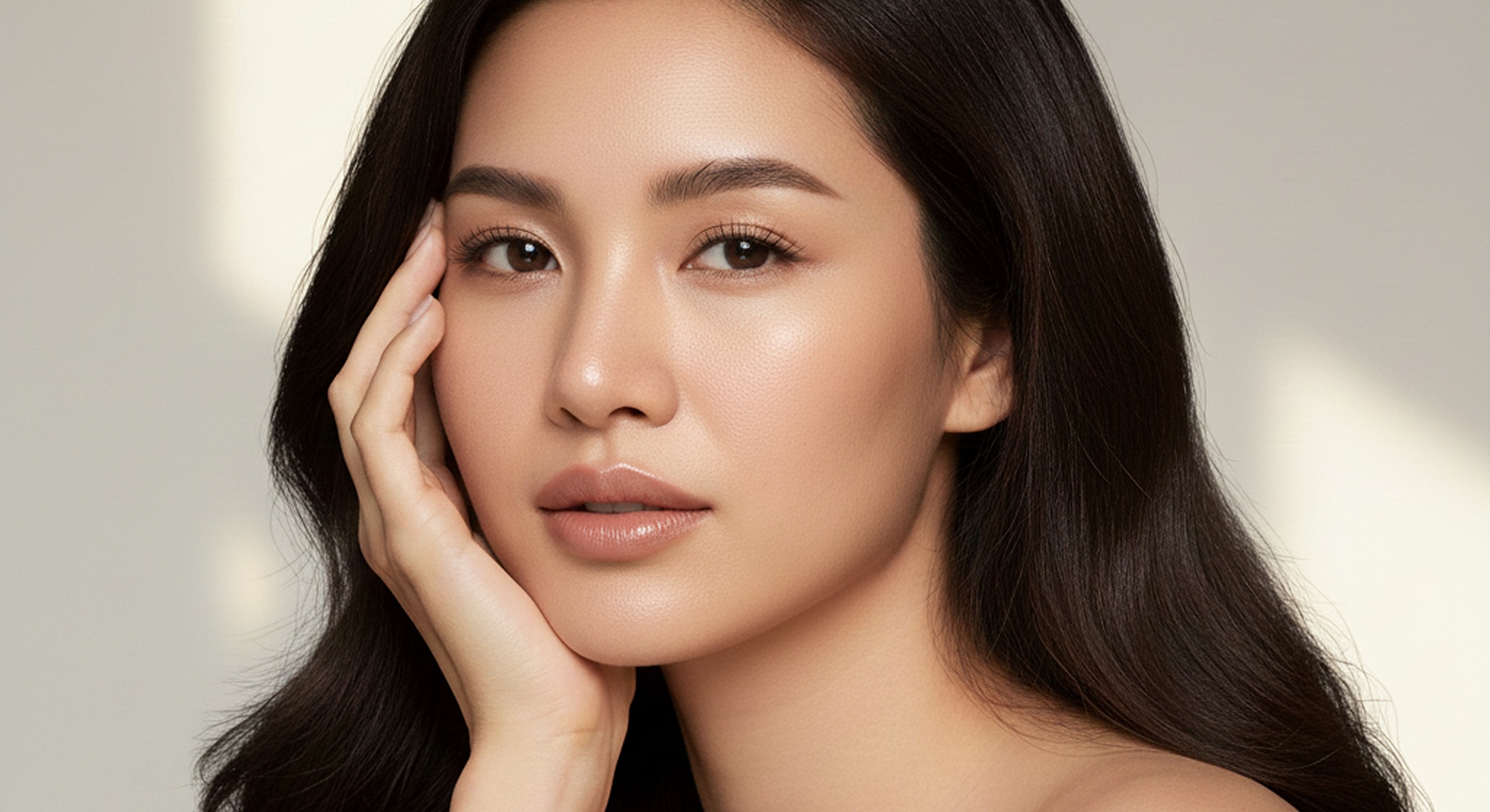 Close-up portrait of a woman with flawless skin.